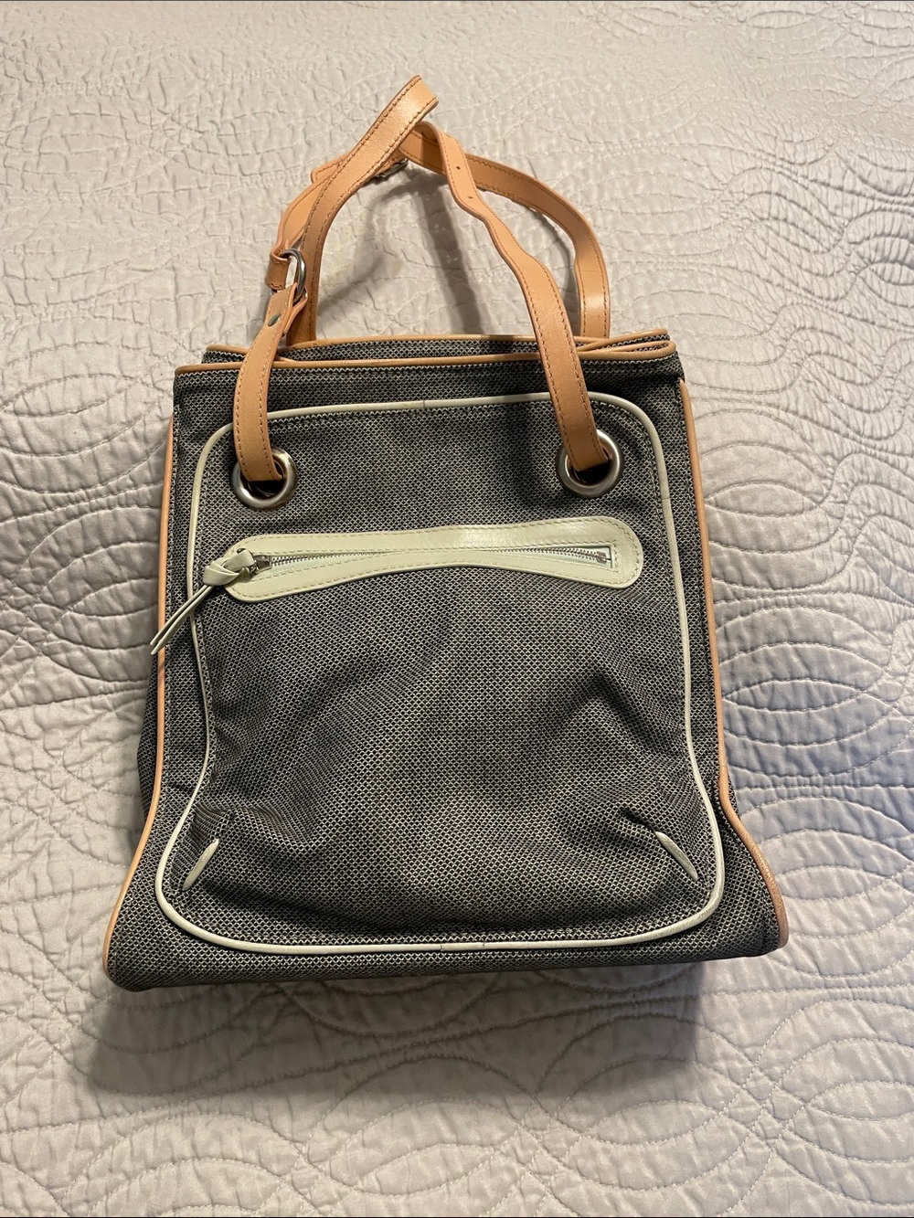 Bottega Veneta Unisex Gray Canvas Tote with Tan Leather Handles and Cream Trim